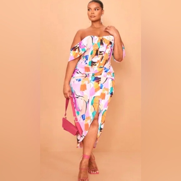 PrettyLittleThing Multicolor Abstract Off-Shoulder Midi Dress - Picture 2 of 8